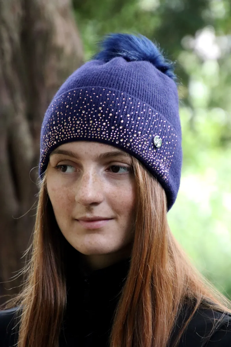 Hy Equestrian Alaska Diamante Bobble Hat - Navy/Rose Gold-3